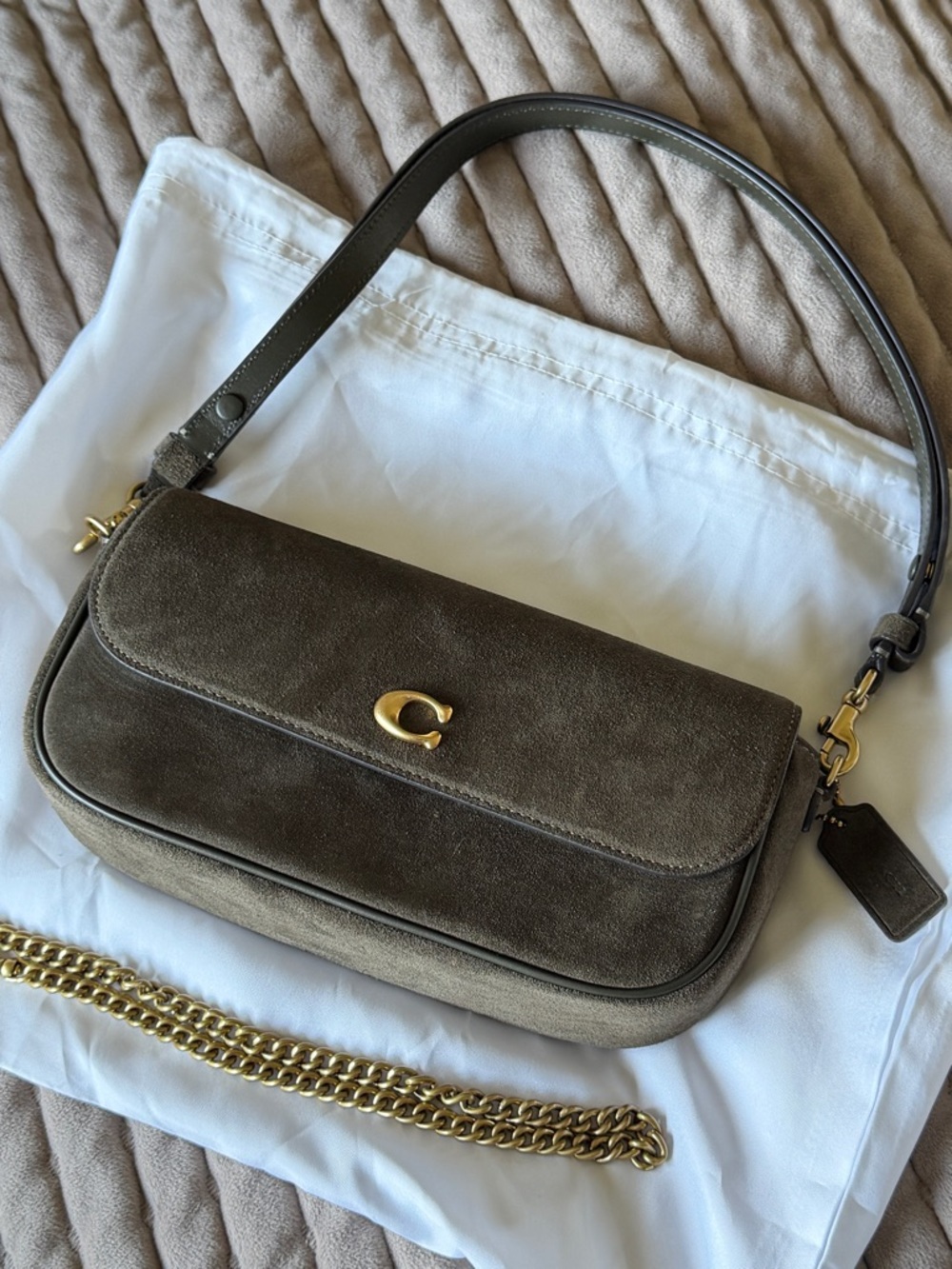 Coach Olive Suede Shoulder Bag with Gold Hardware